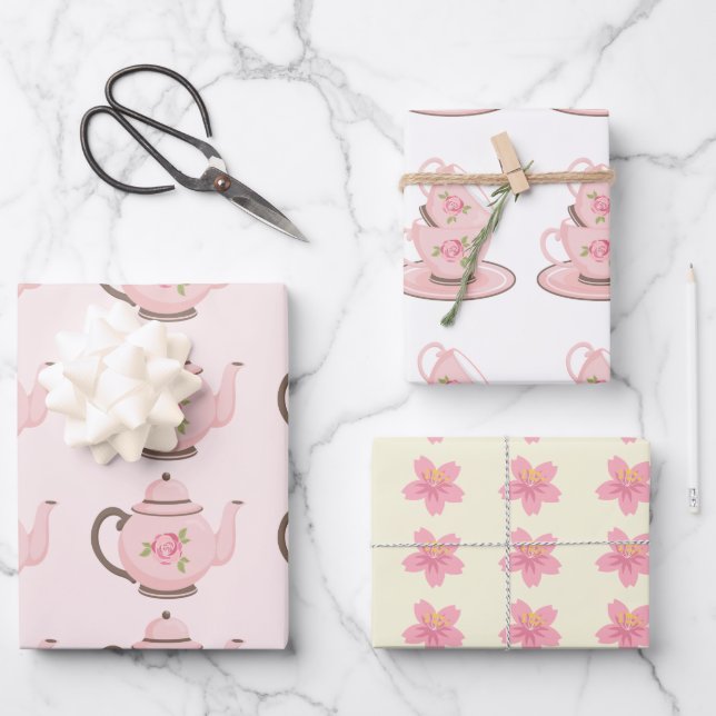 Frühlingstee Party Pink Wrapping Paper Geschenkpapier Set (Vorderseite)