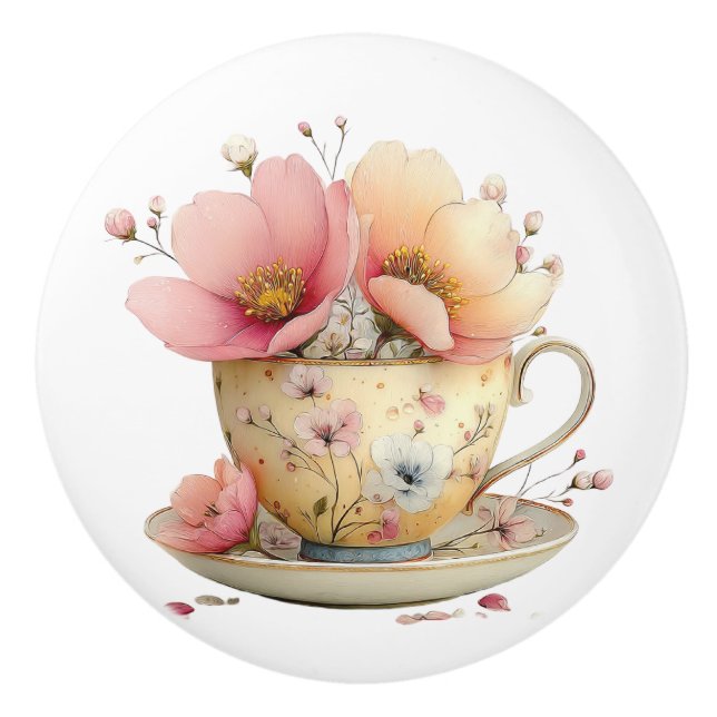 Frühlingsteetasse mit Tulpen Keramikknauf (Vorderseite)