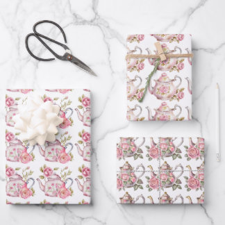 Frühlingsteppi Party Rosa Teeköpfe und Rose Geschenkpapier Set