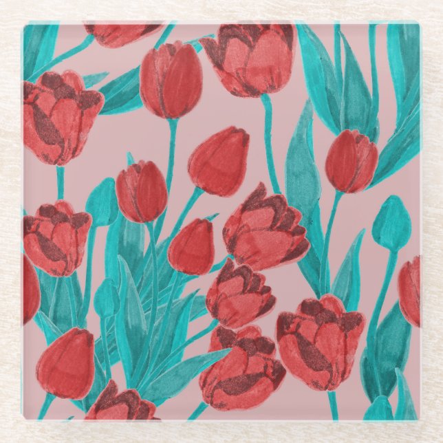 Frühlingstulips, handgezeichnet Blumenmuster Glasuntersetzer (Vorderseite)