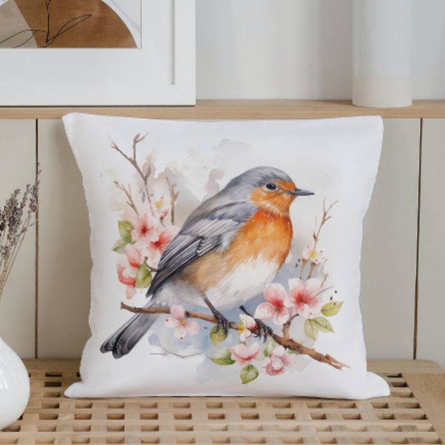 Frühlingsvögel und Blüten in Wasserfarben Kissen (Von Creator hochgeladen)