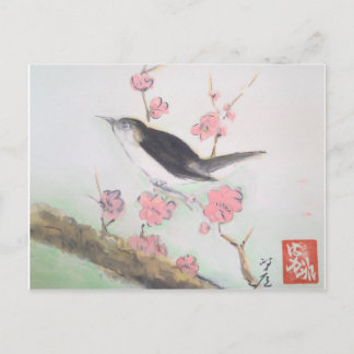 Frühlingsvogel und Kirschblüte Postkarte