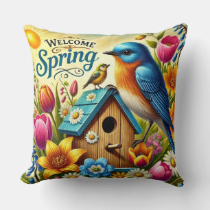 🌸 Frühlingsvogelhaus-Gartenszene-Geschenk Kissen