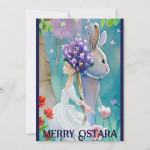 Frühlingswald Blumenmädchen & Hase Ostara Tagundna Feiertagskarte