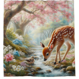Frühlingswälder mit Ente und Fawn/Reh Duschvorhang