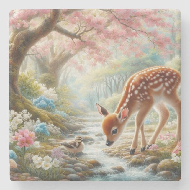 Frühlingswälder mit Ente und Fawn/Reh Steinuntersetzer (Vorderseite)