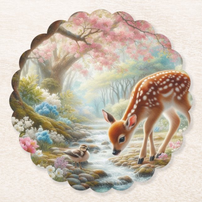 Frühlingswälder mit Ente und Fawn/Reh Untersetzer (Vorderseite)