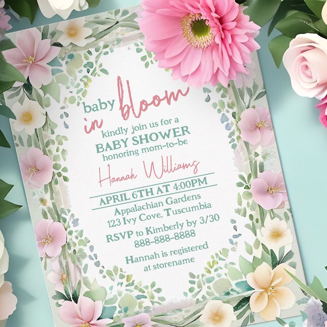 Frühlingswasser Farbe Blütenbudget Kinderdusche Einladungspostkarte (Baby in bloom spring floral budget baby shower invitation, trendy 2024 colors  of mint, peach & pink)
