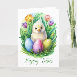 Frühlingswasserfarbe mit niedlichem Huhn und gefär Feiertagskarte