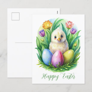 Frühlingswasserfarbe mit niedlichem Huhn und gefär Feiertagspostkarte