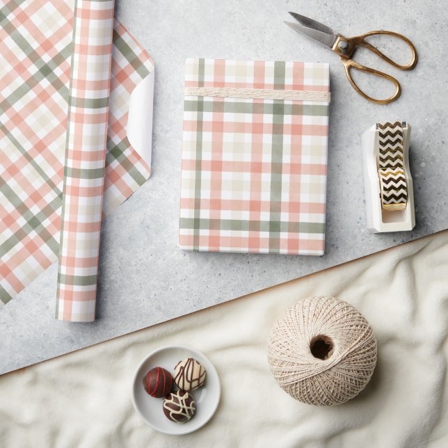 Frühlingswasserfarbe Pastete Peach Green Kariert Geschenkpapier (Von Creator hochgeladen)