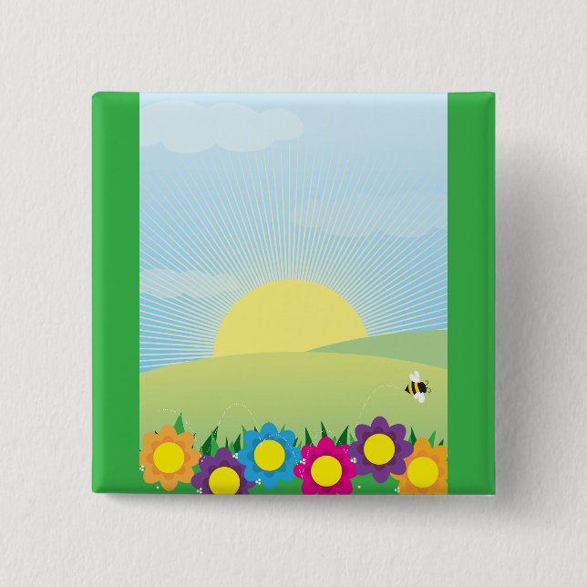 Frühlingswiese Sunburst mit farbenfrohen Blumen Button (Vorderseite)