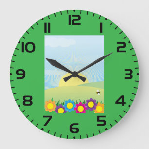 Frühlingswiese Sunburst mit farbenfrohen Blumen Große Wanduhr