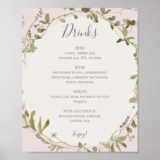 FrühlingsWildblume | Blush Wedding Drinks Menu Pos Poster (Vorne)