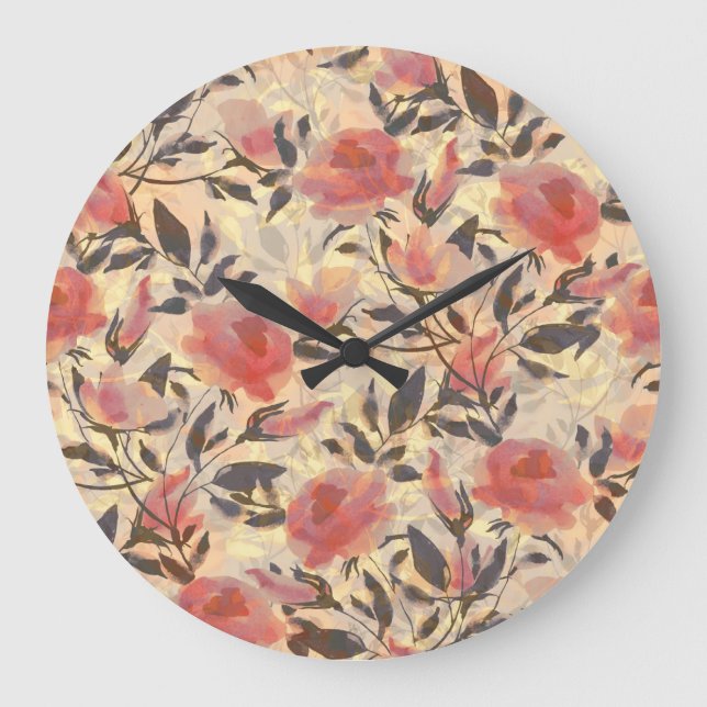 Frühlingswilde Rose: Aquarellmuster. Große Wanduhr (Vorderseite)