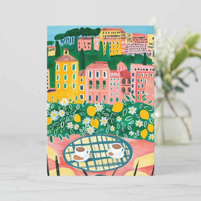 Frühstück auf der Terrasse Malerei Whimsical City Karte (Stehend Vorderseite)