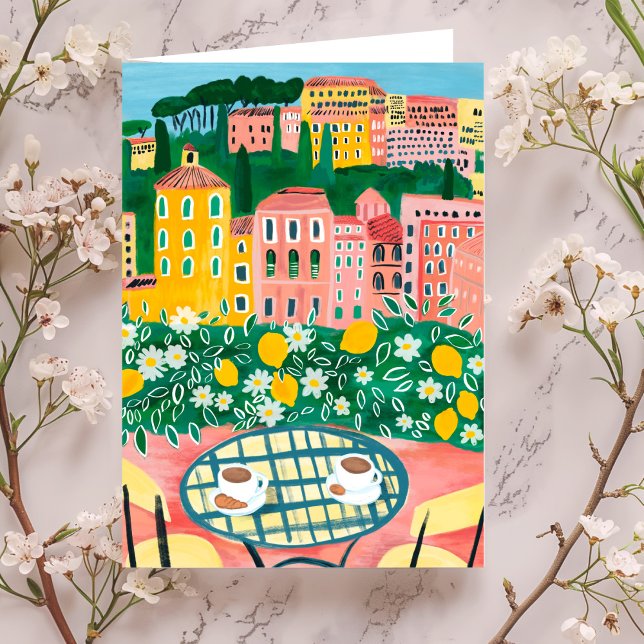 Frühstück auf der Terrasse Malerei Whimsical City Karte (Breakfast on the Terrace Whimsical City Gouache Painting Travel Home Europe View Card
)