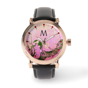 FRÜHSTÜCK, BLUME-BAUM, Schwarz-Rosa-Monogramm Armbanduhr