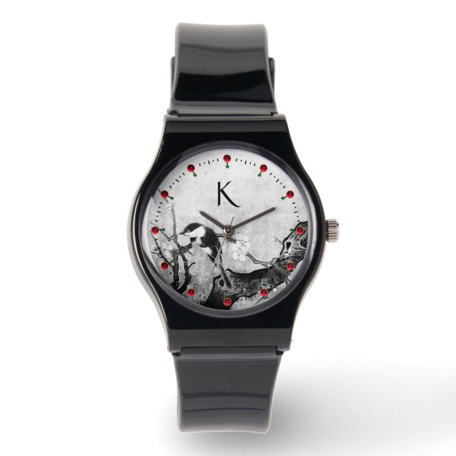 FRÜHSTÜCK, BLUME, BAUM Schwarz-weiß Armbanduhr (Vorderseite)