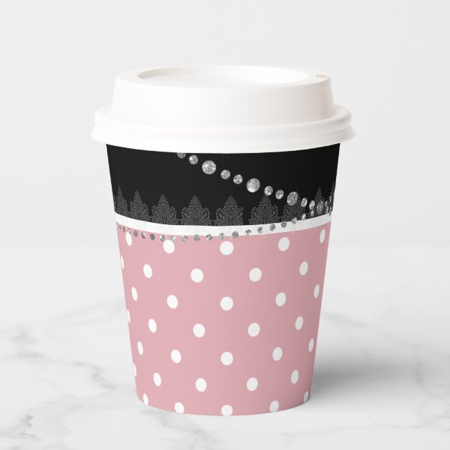 Frühstück & Brunch Pink & White Polka Damast Pappbecher (Vorderseite)
