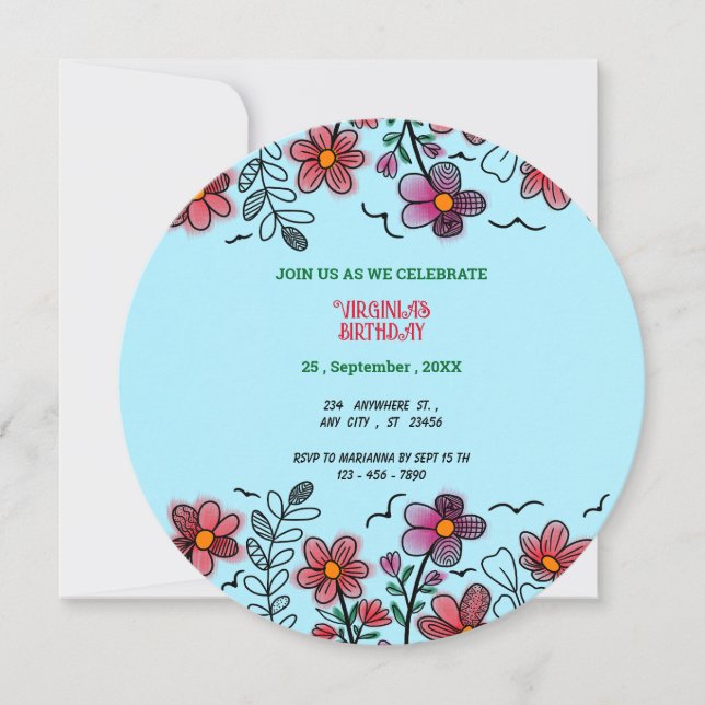 FRÜHSTÜCK EINZIGARTIGE ROTE DOODLE BLUME GEBURTSTA EINLADUNG (Vorderseite)