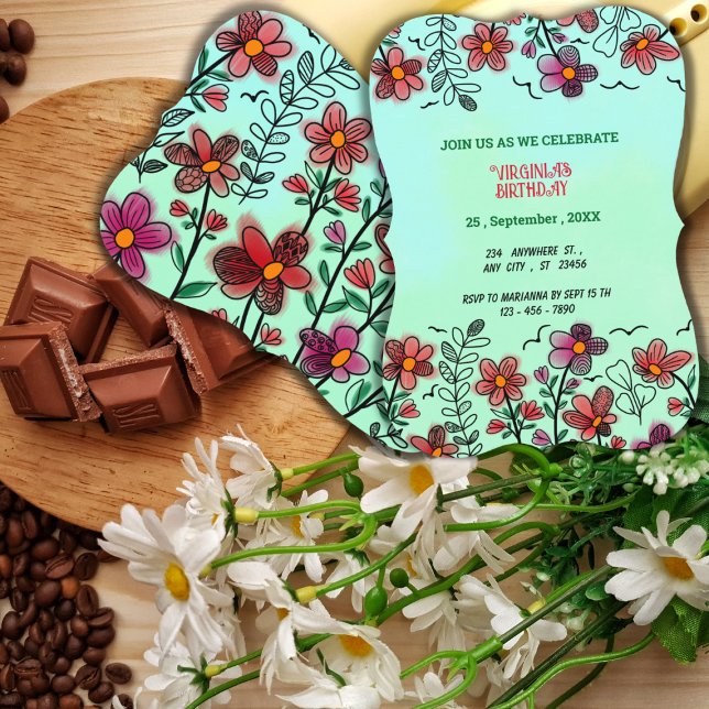 FRÜHSTÜCK EINZIGARTIGE ROTE DOODLE BLUME GEBURTSTA EINLADUNG (Von Creator hochgeladen)