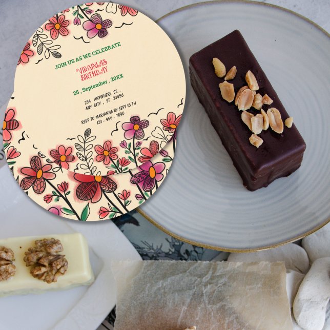 FRÜHSTÜCK EINZIGARTIGE ROTE DOODLE BLUME GEBURTSTA EINLADUNG (Von Creator hochgeladen)