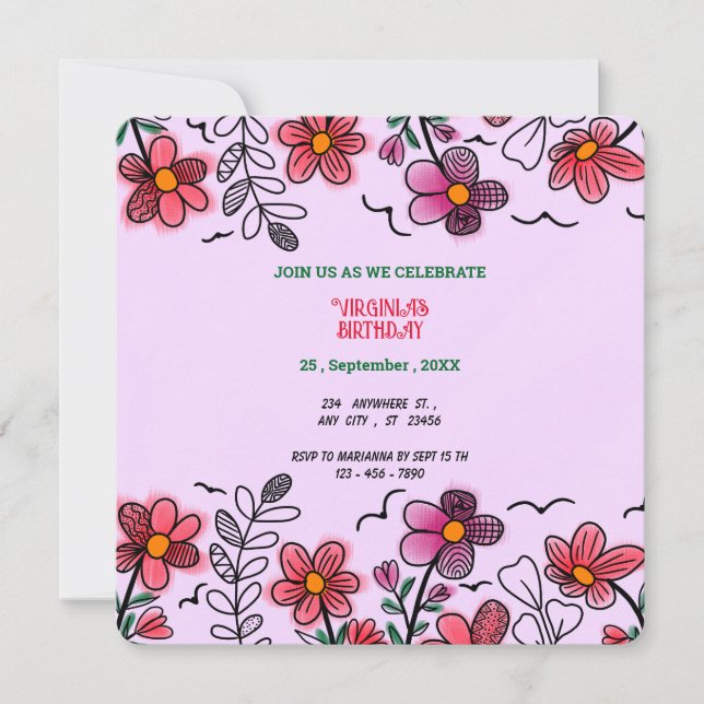 FRÜHSTÜCK EINZIGARTIGE ROTE DOODLE BLUME GEBURTSTA EINLADUNG (Vorderseite)