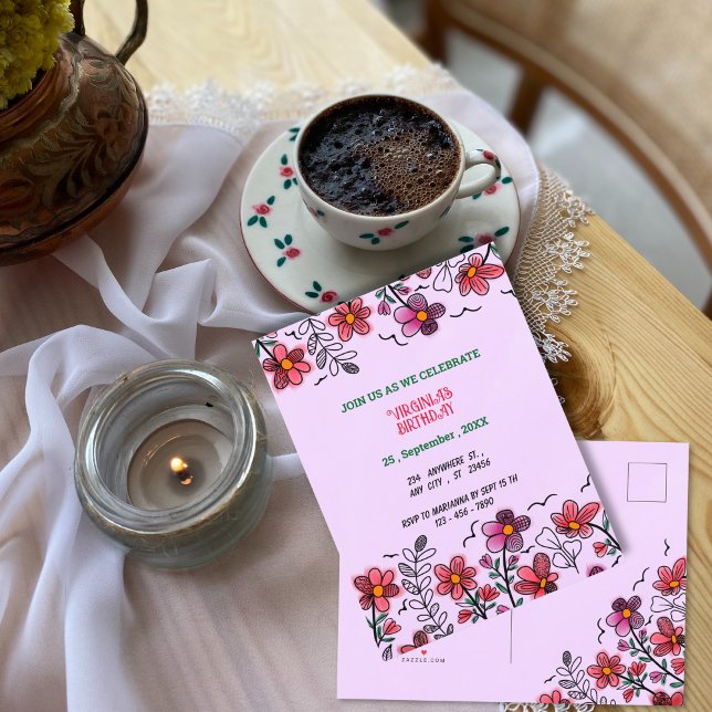 FRÜHSTÜCK EINZIGARTIGE ROTE DOODLE BLUME GEBURTSTA EINLADUNGSPOSTKARTE (Von Creator hochgeladen)