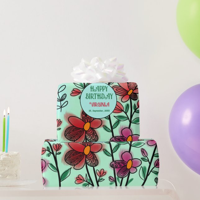 FRÜHSTÜCK EINZIGARTIGE ROTE DOODLE BLUME GEBURTSTA GESCHENKPAPIER (Partygeschenke)