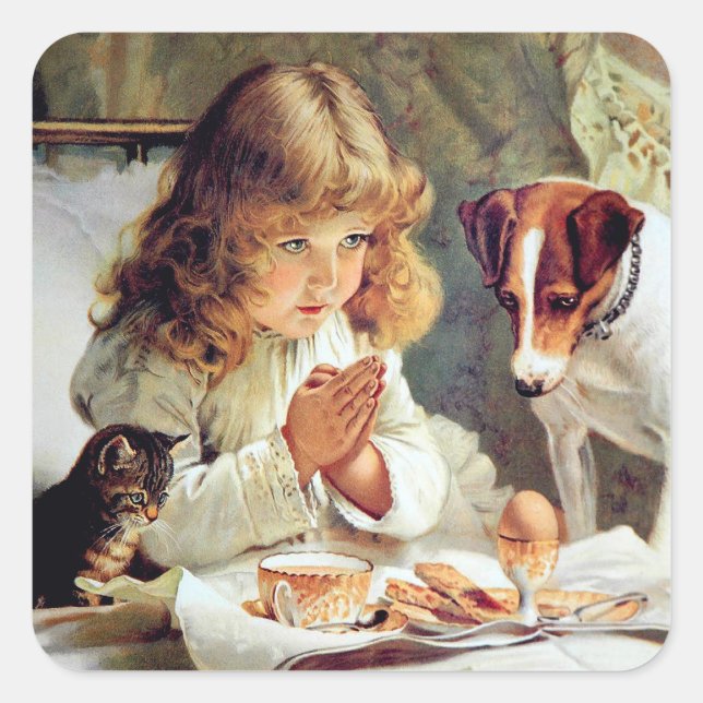 Frühstück im Bett: Mädchen, Terrier und Kitty Cat Quadratischer Aufkleber (Vorderseite)