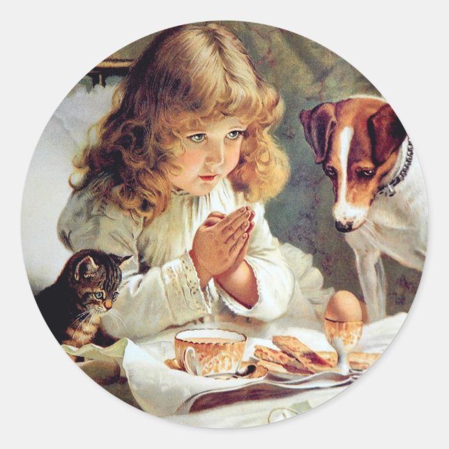 Frühstück im Bett: Mädchen, Terrier und Kitty Cat Runder Aufkleber (Vorderseite)