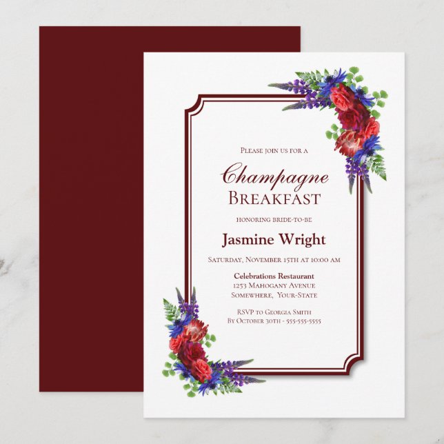 Frühstück mit burgundy und Blue Floral Champagne Einladung (Vorne/Hinten)