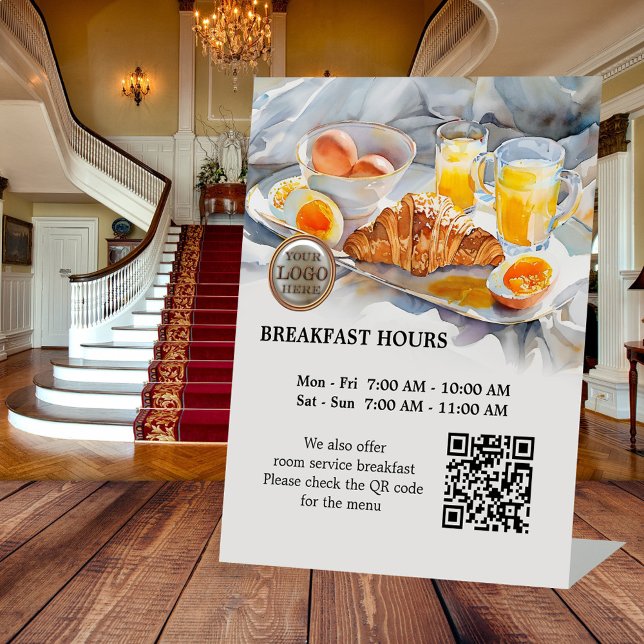 Frühstück Stunden Hotel Gästehaus Logo QR Code Sockelschild (Watercolor breakfast business tabletop sign. With logo and QR code template - hotel - BNB - inn)