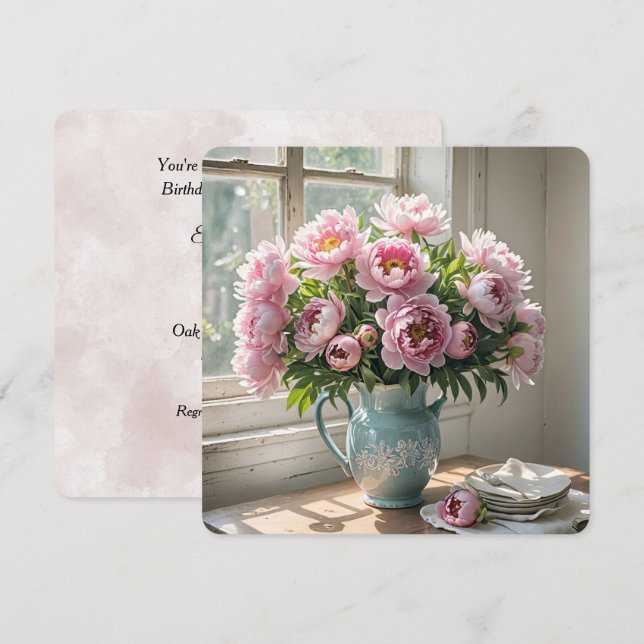 Frühstücksbuffet Brunch Peony Bouquet Einladung (Vorne/Hinten)