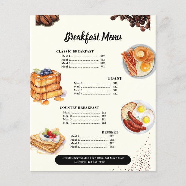 Frühstücksmenü, Speisekarte im Restaurant, Marketi Flyer (Vorne)
