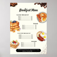 Frühstücksmenü, Speisekarte im Restaurant, Marketi