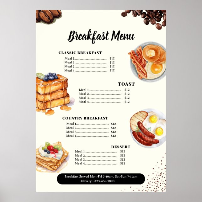 Frühstücksmenü, Speisekarte im Restaurant, Marketi Poster (Vorne)