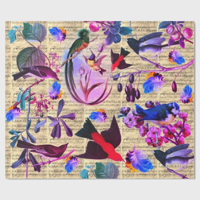 FRÜHZEITIGE VÖGEL,FEUERN,OBST Pink Blue Musiknoten Geschenkpapier (Flach)