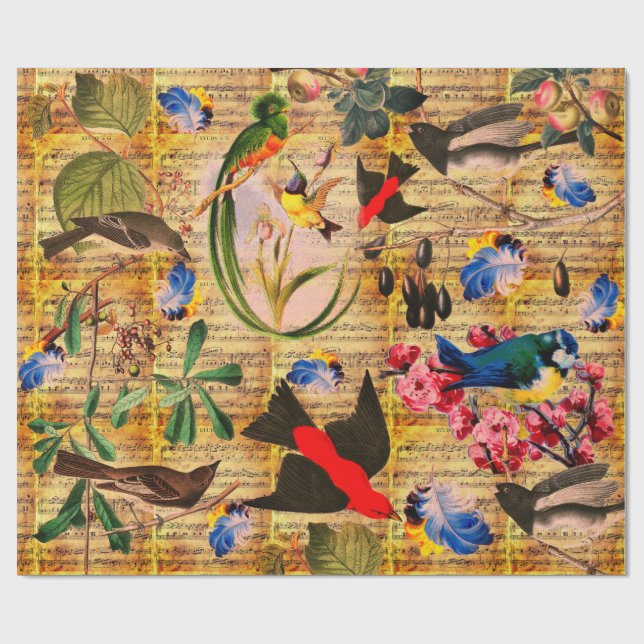 FRÜHZEITIGE VÖGEL,FÜHLER,OBST Musiknoten braun Geschenkpapier (Flach)
