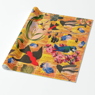 FRÜHZEITIGE VÖGEL,FÜHLER,OBST-Musiknoten gelb Geschenkpapier