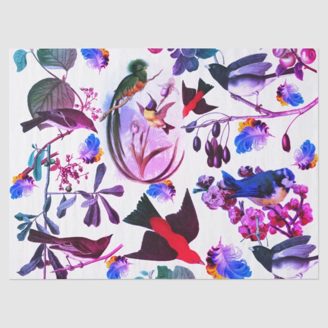 FRÜHZEITIGE VÖGEL,FÜSSE,OBST Pink Blue Floral Seidenpapier (Vorderseite)