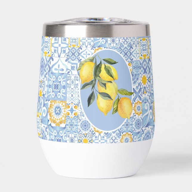 Fruit citron, collage en tuiles bleues (Avant)