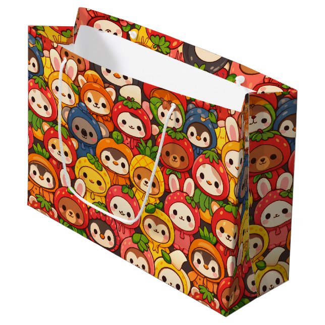 Fruit Friends Parade | Cute Animal Chibi Große Geschenktüte (Vorderseite Schrägansicht)