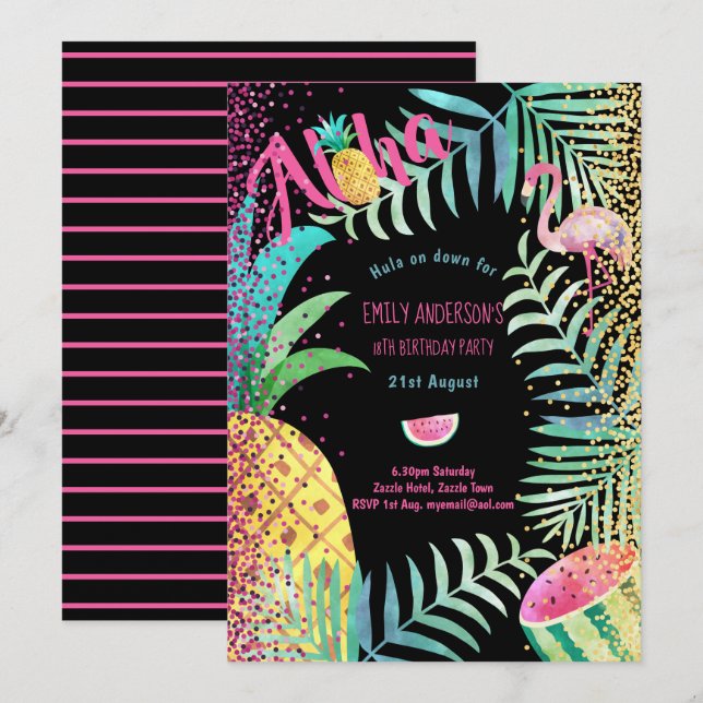 Fruity Tropical Anniversaire Invitations Flamant r (Devant / Derrière)