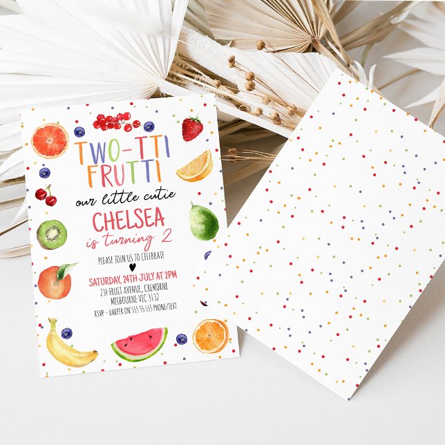 Frutti couleur deux tii 2e Invitation anniversaire (Twotti Frutti 2nd Birthday Invitation. Summer Twotti Fruity Birthday Invite Template. Tutti Frutti)
