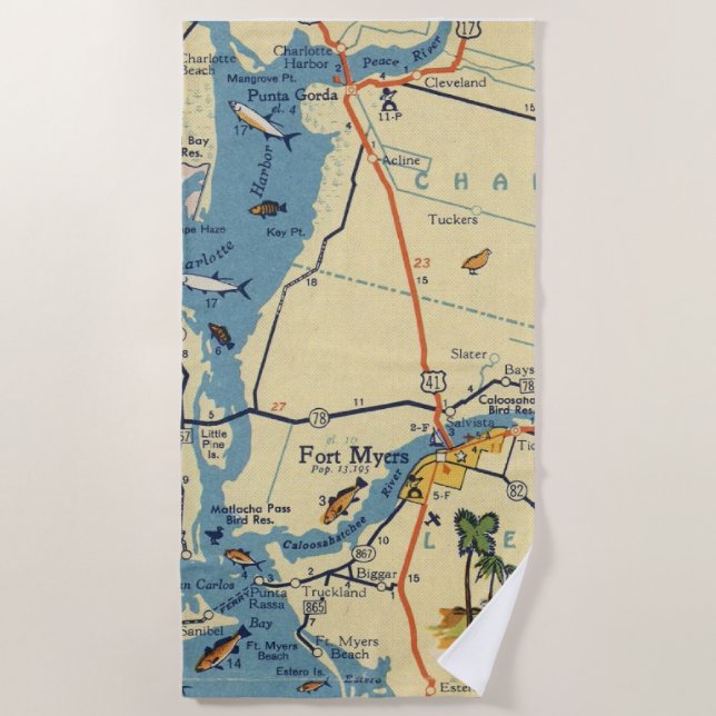 Ft Myers Map Beach Handtuch (Vorderseite)