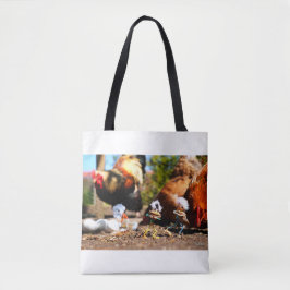 Fubby spelend met de kippen en haan. tasche