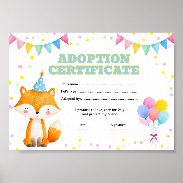 Fuchs adoptiert ein Haustier-Zertifikat editierbar Poster (Vorne)