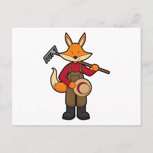 Fuchs als Bauer mit Rechen & Hut Postkarte (Vorderseite)